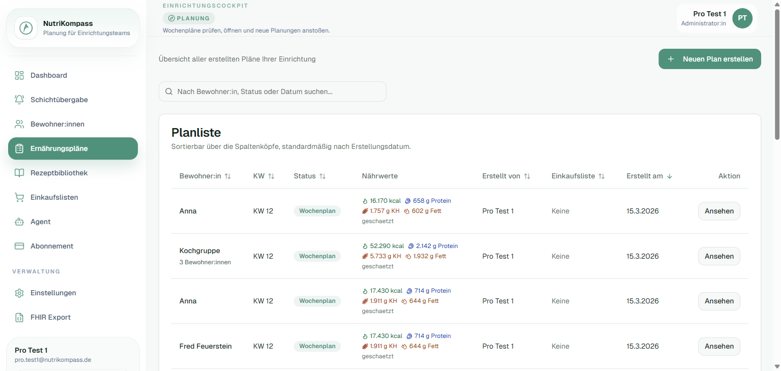 Planliste in NutriKompass mit erstellten Wochenplänen
